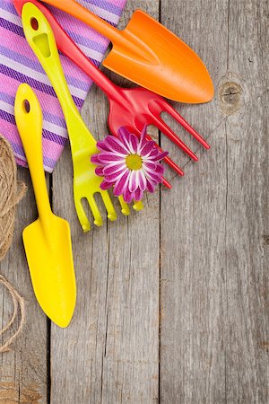 simsearch:400-08252596,k - Garden tools with flower on wooden table background with copy space Photographie de stock - Aubaine LD & Abonnement, Code: 400-07571523