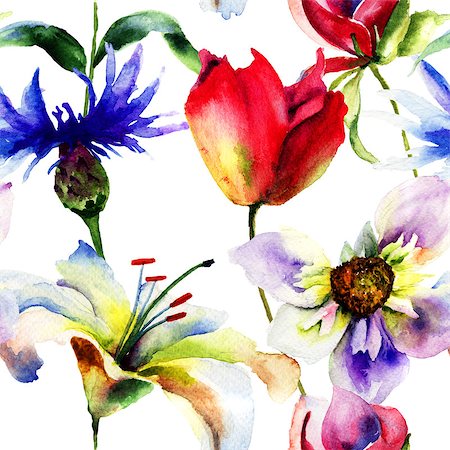 simsearch:400-08043408,k - Seamless pattern with spring flowers, Watercolor painting Stock Photo - Budget Royalty-Free & Subscription, Code: 400-07573176