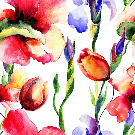 simsearch:400-08043408,k - Seamless wallpaper with summer flowers, Watercolor painting Stock Photo - Budget Royalty-Free & Subscription, Code: 400-07573179