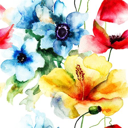 Floral seamless pattern, watercolor illustration Stock Photo - Budget Royalty-Free & Subscription, Code: 400-07573171