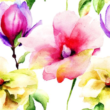 simsearch:400-07444676,k - Seamless wallpaper with Lily and Magnolia flowers, watercolor illustration Photographie de stock - Aubaine LD & Abonnement, Code: 400-07573187