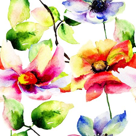 simsearch:400-08043408,k - Seamless pattern with original flowers, Watercolor painting Stock Photo - Budget Royalty-Free & Subscription, Code: 400-07573206
