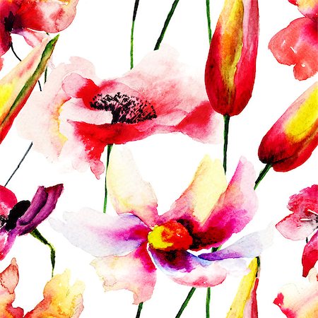 simsearch:400-08043408,k - Seamless pattern with Spring flowers, watercolor illustration Stock Photo - Budget Royalty-Free & Subscription, Code: 400-07573216