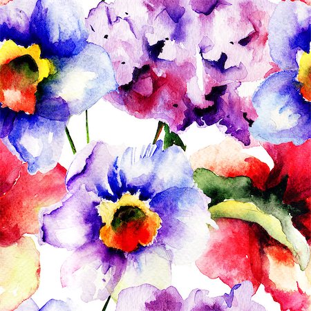 simsearch:400-07245386,k - Summer flowers, watercolor seamless pattern Stockbilder - Microstock & Abonnement, Bildnummer: 400-07573226