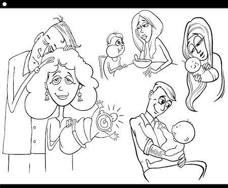 dinner with family and a baby - Black and White Cartoon Illustration Set of Parents with Children and Babies for Coloring Book Stock Photo - Budget Royalty-Free & Subscription, Code: 400-07573392