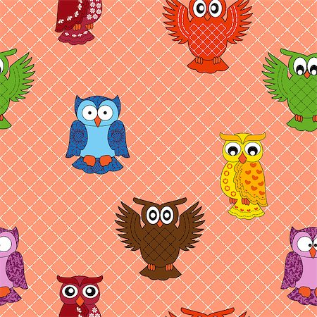 pattern art owl - Colourful owl seamless pattern over seamless background, hand drawing cartoon vector illustration Stock Photo - Budget Royalty-Free & Subscription, Code: 400-07573747