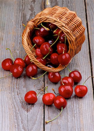 simsearch:400-08020671,k - Red Sweet Cherry Scattered from Wicker Basket on Rustic Wooden background Stock Photo - Budget Royalty-Free & Subscription, Code: 400-07580483