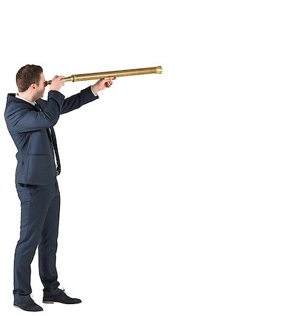 person focusing telescope - Businessman standing and looking through telescope on white background Stock Photo - Budget Royalty-Free & Subscription, Code: 400-07581001