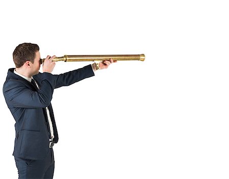 Businessman standing and looking through telescope on white background Stock Photo - Budget Royalty-Free & Subscription, Code: 400-07581002