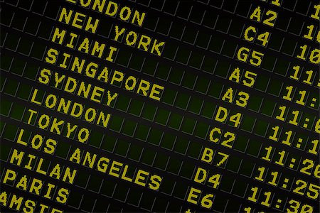 simsearch:400-07665599,k - Digitally generated black airport departures board with yellow text Stock Photo - Budget Royalty-Free & Subscription, Code: 400-07582162