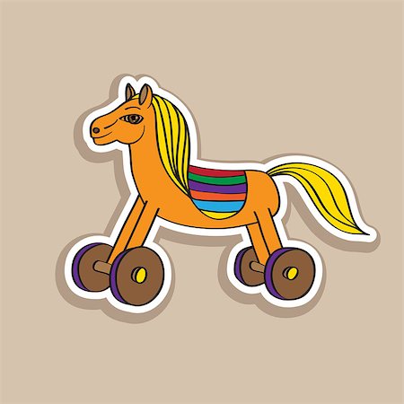 simsearch:400-07614122,k - Cartoon horse sticker, hand drawn doodle illustration of a happy toy animal on wheels over a beige background Stock Photo - Budget Royalty-Free & Subscription, Code: 400-07614124