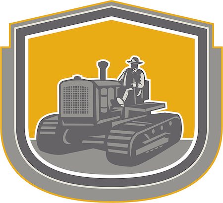 Illlustration of a farmer worker driving riding a vintage tractor plowing farm field set inside shield crest done in retro style on isolated background. Stock Photo - Budget Royalty-Free & Subscription, Code: 400-07614445