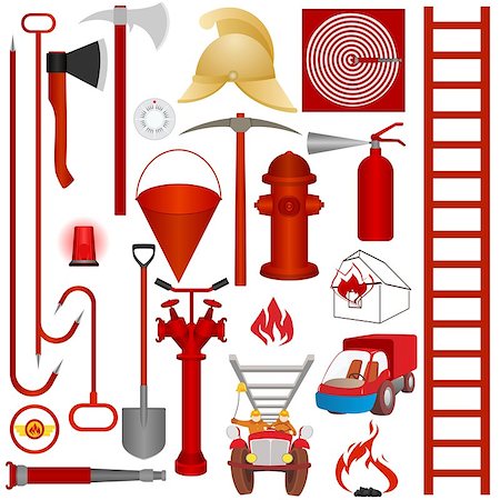 simsearch:400-04379993,k - Firefighters tools, accessories and equipment for fire fighting. Illustration on white background. Stock Photo - Budget Royalty-Free & Subscription, Code: 400-07614782