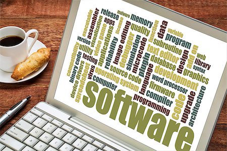 software - software word cloud on a laptop with a cup of coffee Photographie de stock - Aubaine LD & Abonnement, Code: 400-07615694