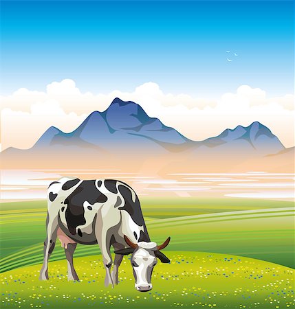 Cartoon cow and rural meadow with green grass on the mountain background. Natural landscape. Stock Photo - Budget Royalty-Free & Subscription, Code: 400-07615742