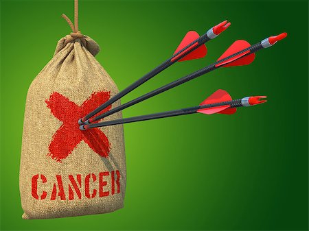 Cancer - Three Arrows Hit in Red Mark Target on a Hanging Sack on Grey Background. Stockbilder - Microstock & Abonnement, Bildnummer: 400-07615888