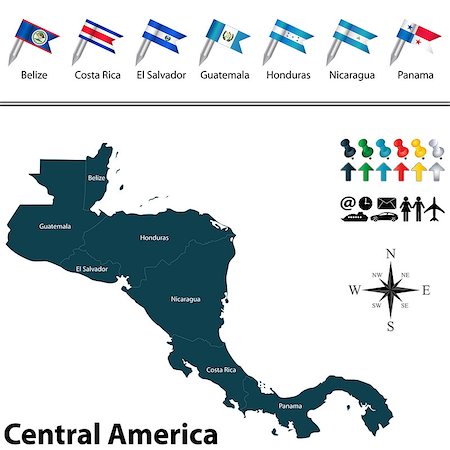 Vector of political map of Central America set with buttons flags on white background Stock Photo - Budget Royalty-Free & Subscription, Code: 400-07615925