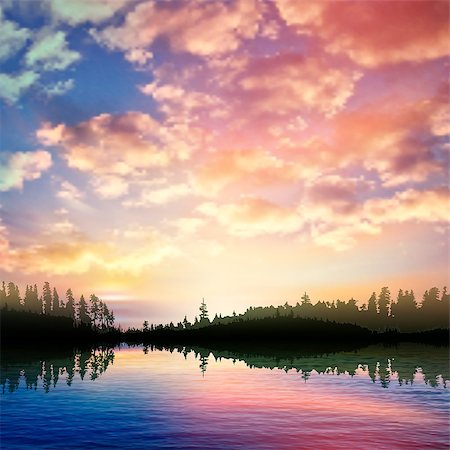 simsearch:400-07222923,k - abstract nature background with sunrise on forest lake and pink clouds Photographie de stock - Aubaine LD & Abonnement, Code: 400-07615978