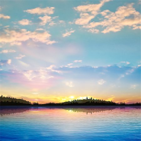 simsearch:400-07924233,k - abstract sunrise background with forest lake and clouds Fotografie stock - Microstock e Abbonamento, Codice: 400-07615982