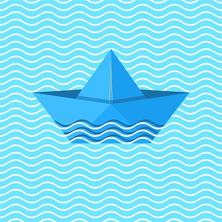 simsearch:400-05368684,k - Blue vector paper origami boat in sea waves Fotografie stock - Microstock e Abbonamento, Codice: 400-07616039