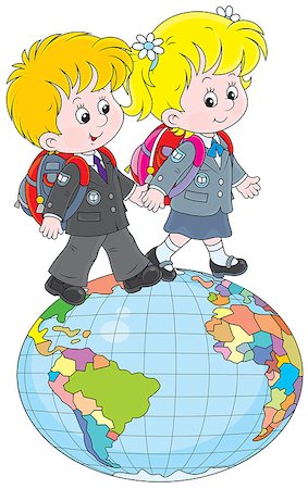 student walking to school - Schoolgirl and schoolboy walking together on a big globe Stock Photo - Budget Royalty-Free & Subscription, Code: 400-07616122