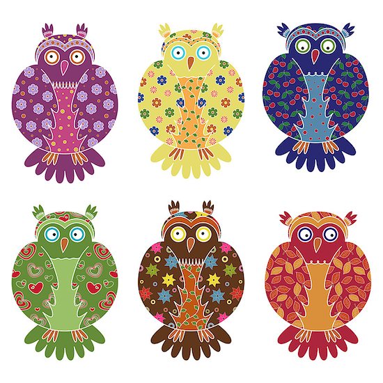 Set of six colourful vector owls with lace ornamental bodies and without contour lines, isolated on white background Stock Photo - Royalty-Free, Artist: natareal, Image code: 400-07616629