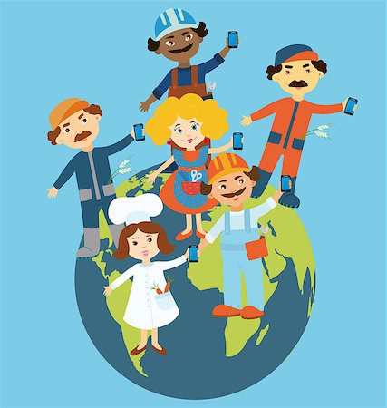 Flat design illustration of cartoon people standing on the globe holding mobile phones in their hands. Cartoon people representing different occupations and ethnic gropes. Info graphic  elements . Stock Photo - Budget Royalty-Free & Subscription, Code: 400-07616790