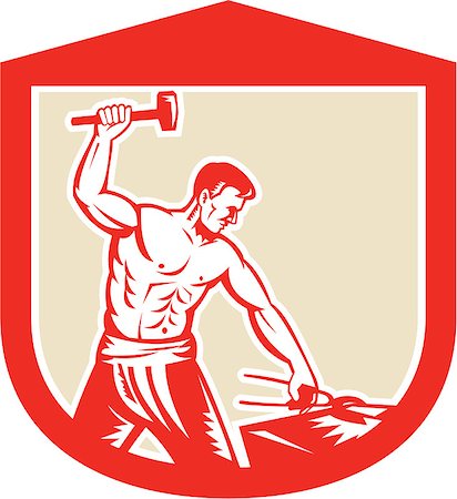 Illustration of a blacksmith worker with sledgehammer striking at anvil set inside crest shield done in retro style. Stockbilder - Microstock & Abonnement, Bildnummer: 400-07617037