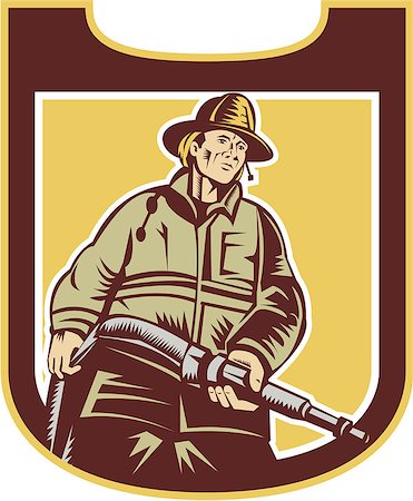 patrimonio (artist) - Illustration of a fireman fire fighter emergency worker holding fire hose viewed from front set inside shield done in retro style. Fotografie stock - Microstock e Abbonamento, Codice: 400-07617056