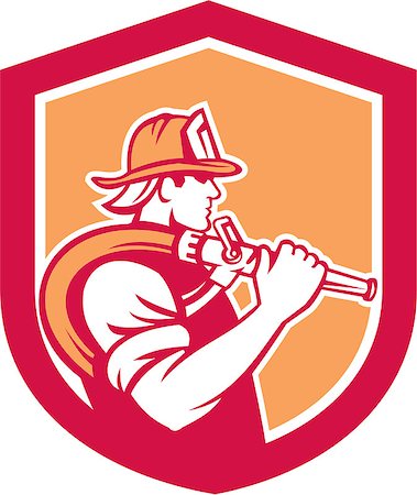 simsearch:400-07617056,k - Illustration of a fireman fire fighter emergency worker holding fire hose over his shoulder viewed from the side set inside shield crest done in retro style. Foto de stock - Super Valor sin royalties y Suscripción, Código: 400-07617058
