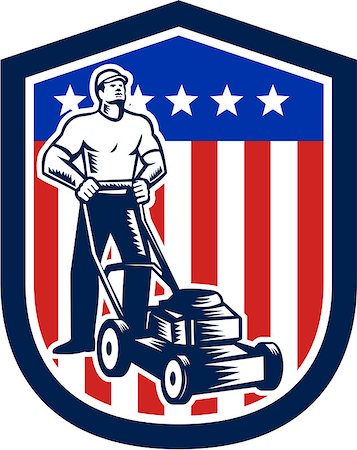 Illustration of male gardener mowing with lawn mower in american flag stars stripes set inside a shield done in retro woodcut style. Foto de stock - Super Valor sin royalties y Suscripción, Código: 400-07617063