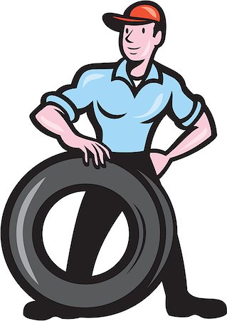 simsearch:400-07224048,k - Illustration of a tireman mechanic with tire facing front set on isolated background done in cartoon style. Stock Photo - Budget Royalty-Free & Subscription, Code: 400-07617097