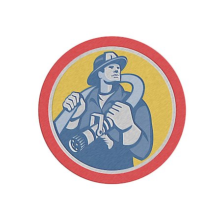 simsearch:400-07429745,k - Metallic styled illustration of a fireman fire fighter emergency worker holding fire hose over his shoulder viewed from front set inside circle done in retro style. Stock Photo - Budget Royalty-Free & Subscription, Code: 400-07617109