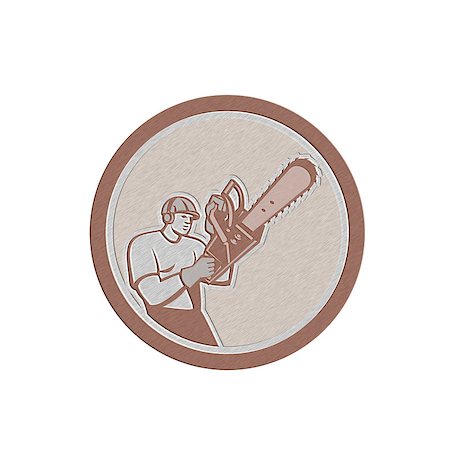 simsearch:400-08574574,k - Metallic styled illustration of lumberjack arborist tree surgeon holding a chainsaw set inside a circle on isolated white background. Stock Photo - Budget Royalty-Free & Subscription, Code: 400-07617101