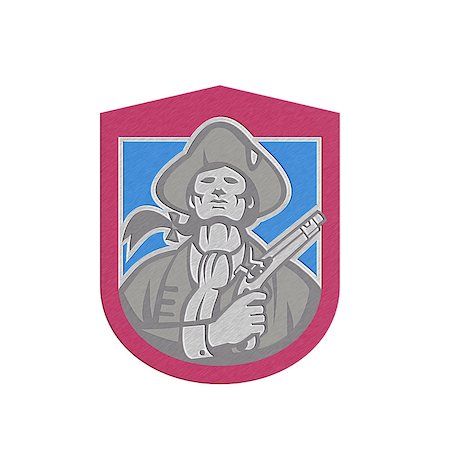 simsearch:400-07116843,k - Metallic styled illustration of an American Patriot with flintlock pistol facing front set inside crest shield on isolated background done in retro style. Foto de stock - Super Valor sin royalties y Suscripción, Código: 400-07617121