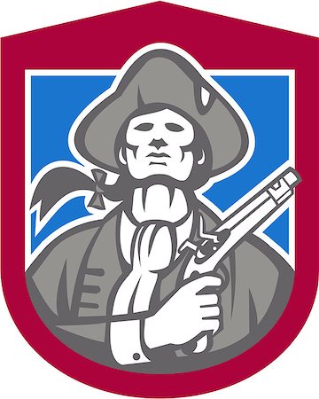 simsearch:400-07116843,k - Illustration of an American Patriot with flintlock pistol facing front set inside crest shield on isolated background done in retro style. Foto de stock - Super Valor sin royalties y Suscripción, Código: 400-07617142