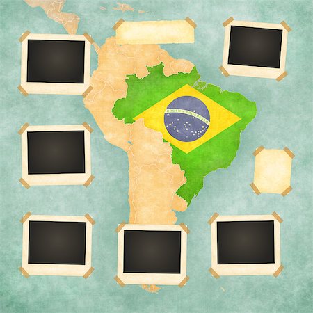 Vintage photo frames on the background with the vintage map of Brazil. On the map is Brazilian flag painted in the country borders. Stock Photo - Budget Royalty-Free & Subscription, Code: 400-07617811