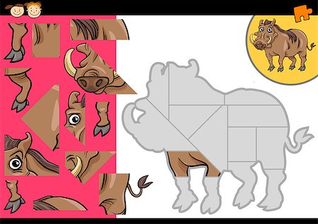 simsearch:400-07632250,k - Cartoon Illustration of Education Jigsaw Puzzle Game for Preschool Children with Funny Warthog Animal Character Stock Photo - Budget Royalty-Free & Subscription, Code: 400-07618272