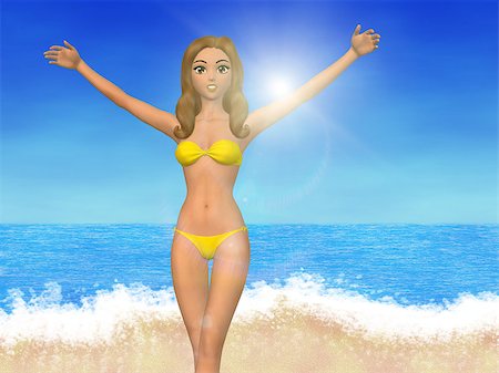 Beautiful 3d girl on cartoon summer beach background. Photographie de stock - Aubaine LD & Abonnement, Code: 400-07619839