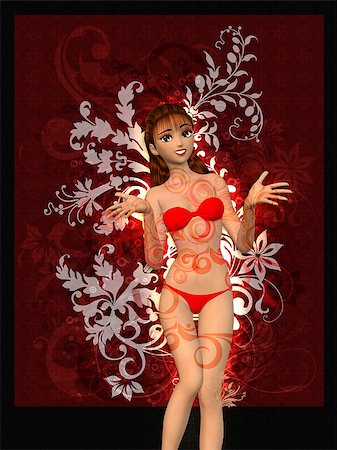 swimsuit model white background - 3d girl in red bikini on a floral background. Foto de stock - Super Valor sin royalties y Suscripción, Código: 400-07619862