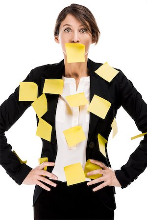 Business woman with yellow paper notes all over the body, isolated over a white background Stock Photo - Budget Royalty-Free & Subscription, Code: 400-07619928