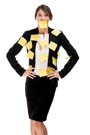 Business woman with yellow paper notes all over the body, isolated over a white background Stock Photo - Budget Royalty-Free & Subscription, Code: 400-07619929