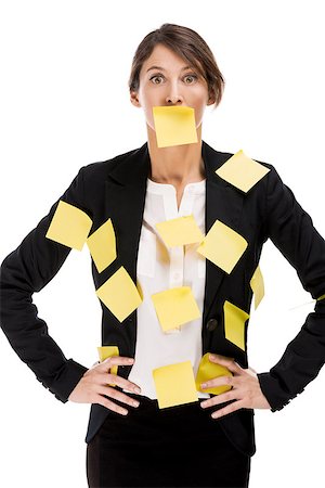 Business woman with yellow paper notes all over the body, isolated over a white background Stock Photo - Budget Royalty-Free & Subscription, Code: 400-07619930