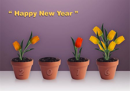 pottery figures - Happy new year 2014, Group of yellow tulips in clay container. Stock Photo - Budget Royalty-Free & Subscription, Code: 400-07613310