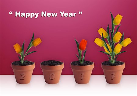 pottery figures - Happy new year 2014, Group of yellow tulips in clay container. Stock Photo - Budget Royalty-Free & Subscription, Code: 400-07613311