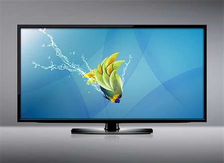 simsearch:400-07613462,k - Black LCD tv screen and fish with water splash .  (with clipping work path) Stock Photo - Budget Royalty-Free & Subscription, Code: 400-07613466