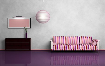 simsearch:400-07892349,k - Striped sofa, round chandelier, brown chest of drawers, pink picture  with lighting. Modern interior composition. 3d rendered. Photographie de stock - Aubaine LD & Abonnement, Code: 400-07624165
