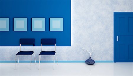 simsearch:400-08647025,k - Office corridor.Two blue chairs, blue vase, blue door, and four blue empty pictures. Modern interior composition. 3d rendered. Foto de stock - Super Valor sin royalties y Suscripción, Código: 400-07624168