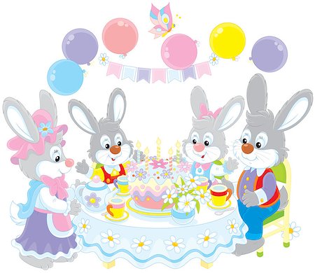 family tea time - Family of rabbits at the holiday table with a birthday cake Stock Photo - Budget Royalty-Free & Subscription, Code: 400-07624384