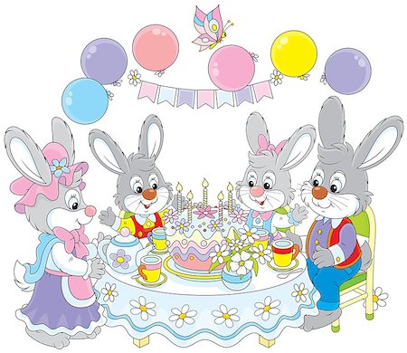 family tea time - Family of rabbits at the holiday table with a birthday cake Stock Photo - Budget Royalty-Free & Subscription, Code: 400-07624385